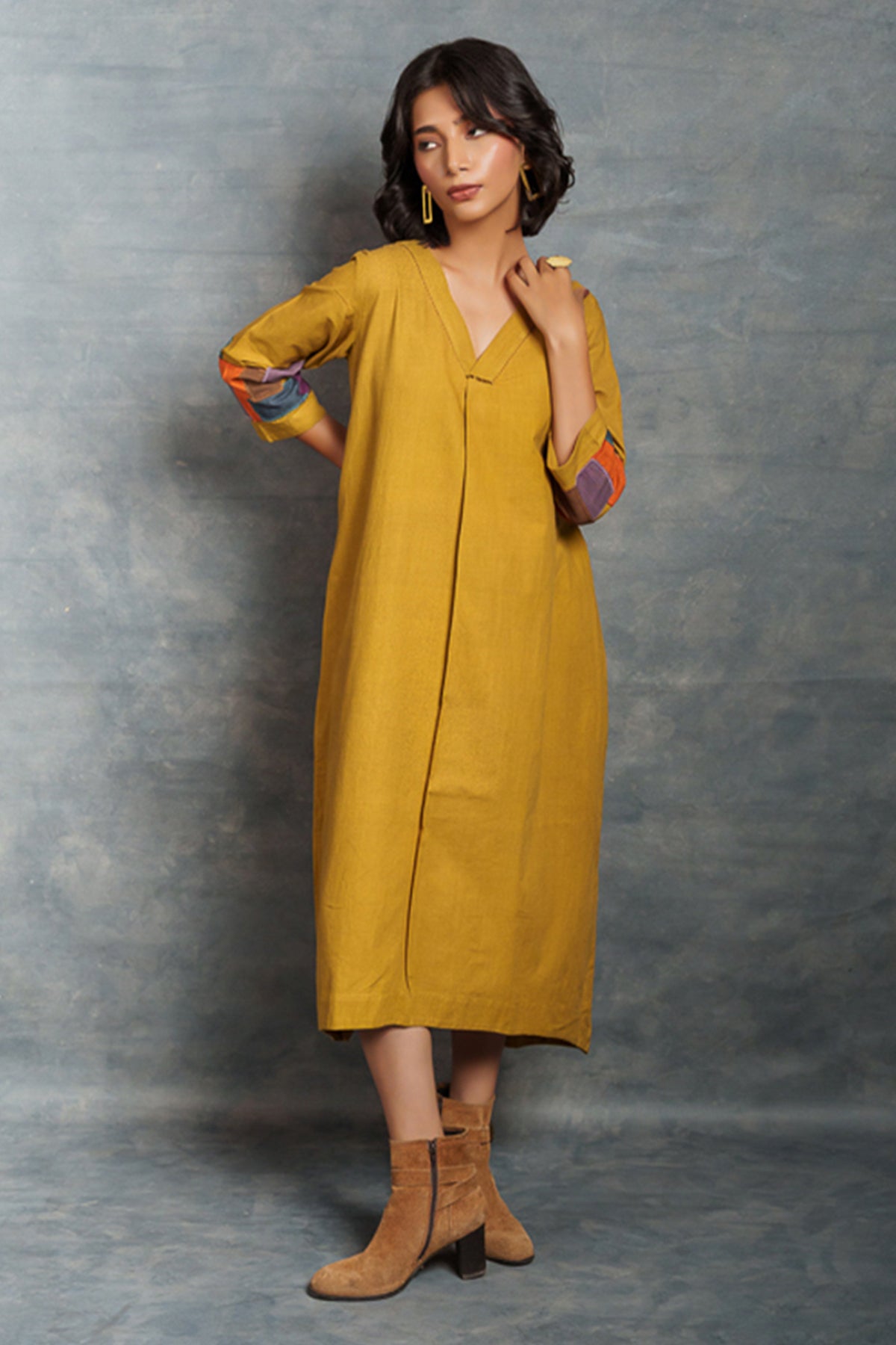 Buy Citron Cotton V-Neck Midi Dress by Thread Game for women online at ScrollnShops
